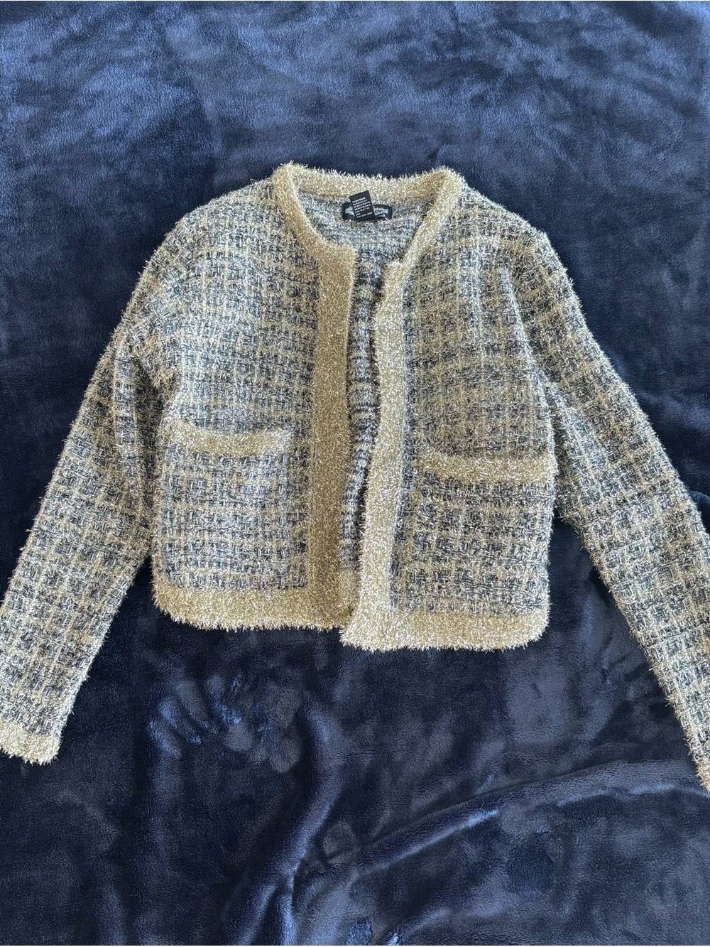 Textured Tweed Jacket in Cream, Navy and Gold
